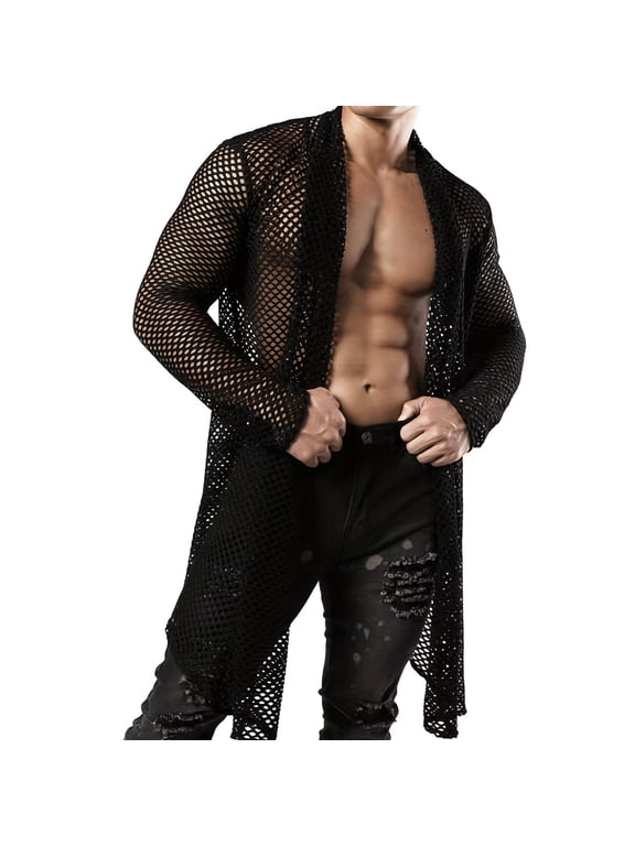 Mens Cardigans Sexy Mesh Sheer Crochet Fishnet Long Sleeve Loose Fit Shirts Nightwear Sleepwear Chirtsmas Clothes