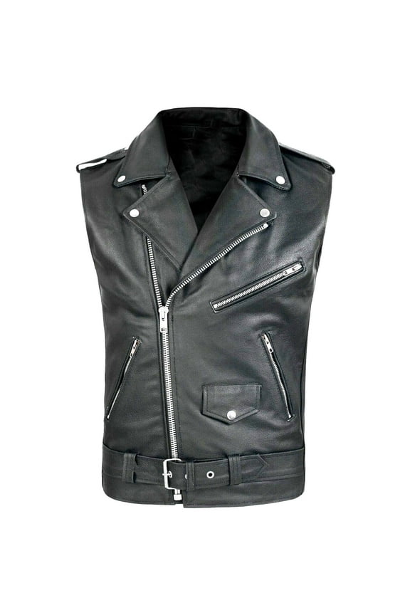 Mens Leather Jacket Black Motorcycle Jacket Sleeveless Tank Tops Zipper Closure Trendy Collar Jacket L-4XL