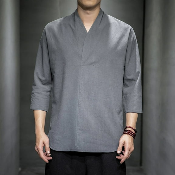 BSDJILFG Mens Linen Shirts , 3/4 Long Sleeve Shirts for Young Men V-Neck Casual Light Weight Tops Rollbacks