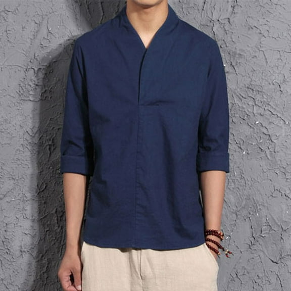 BSDJILFG Mens Linen Shirts, 3/4 Long Sleeve Shirts for Young Men V-Neck Casual Light Weight Tops Rollbacks