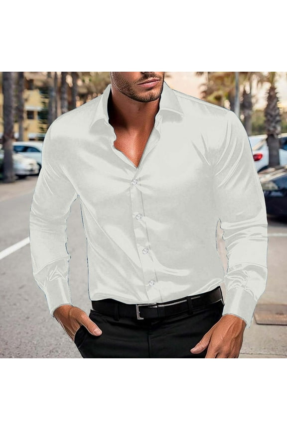 Mens Satin Tops Long Sleeve Silky Shirt Casual Button Down Lapel Blouse for Performance