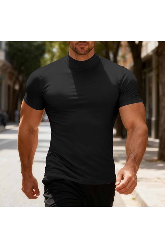 Mens Summer Gym T-Shirts Casual Short Sleeve Mock Neck Moisture Wicking Nylon Stretchy Workout Tops