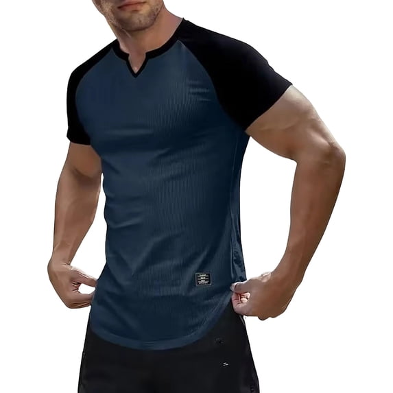BSDJILFG Mens Summer T-Shirt Breathable Funnel V-Neck Raglan Shirts Color Blocked Gym Workout Tops