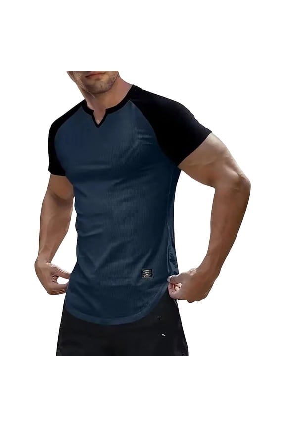 Mens Summer T-Shirt Breathable Funnel V-Neck Raglan Shirts Color Blocked Gym Workout Tops