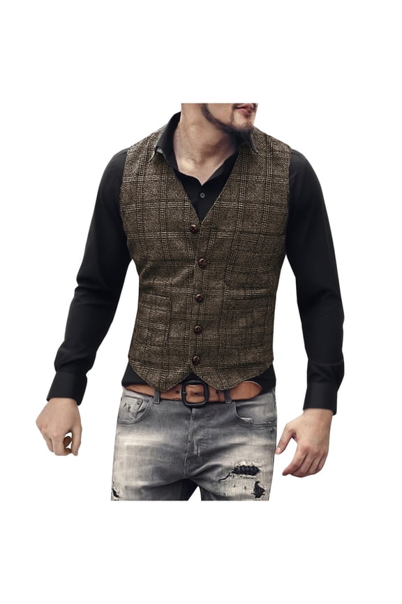 Mens Tweed Jackets Sleeveless Suit Vest Vintage Plaid Print Single Breasted Waistcoat V-Neck Business Casual Vests