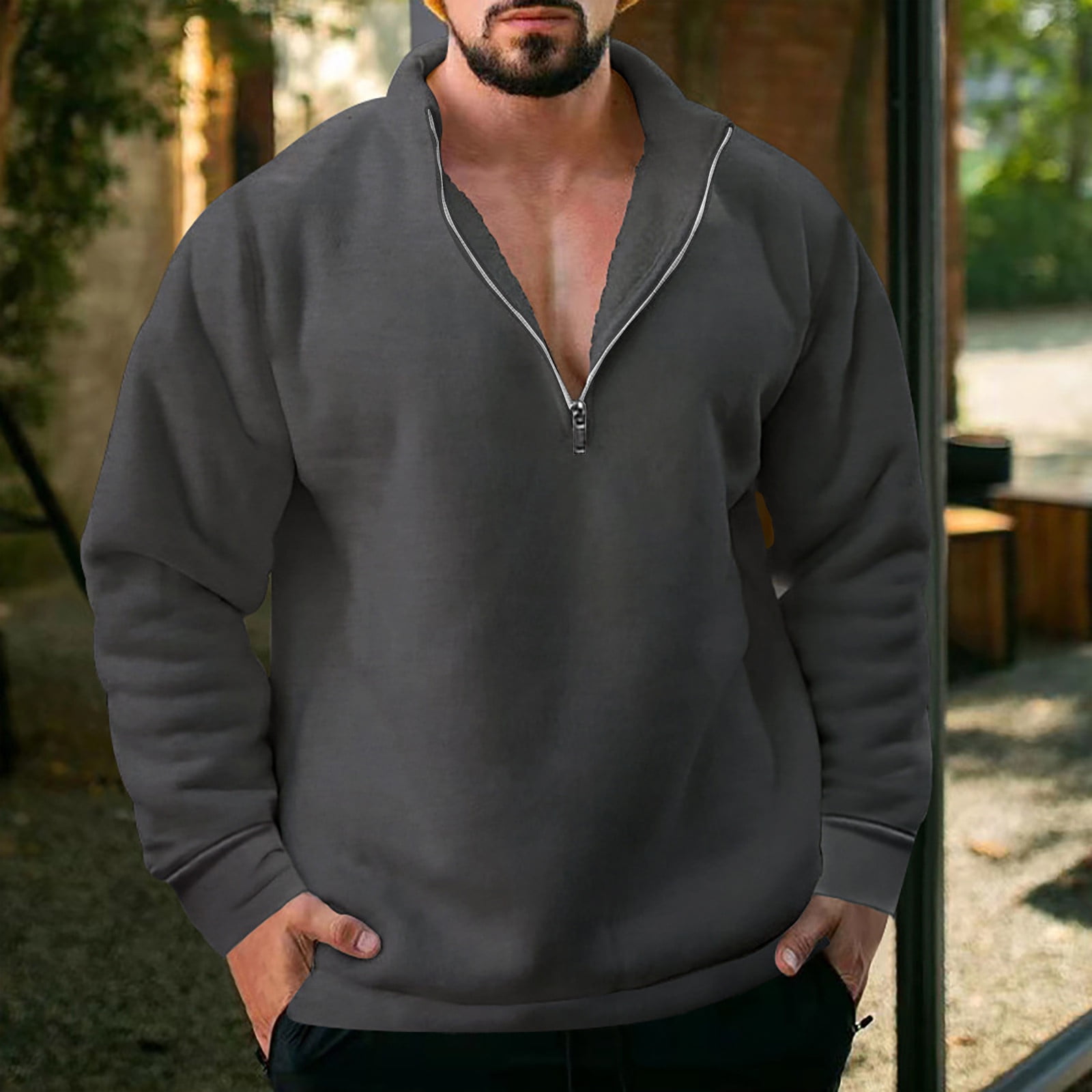 BSDJILFG Mens Zip Up Sweatshirts No Hood Fall Winter Long Sleeve Stand ...