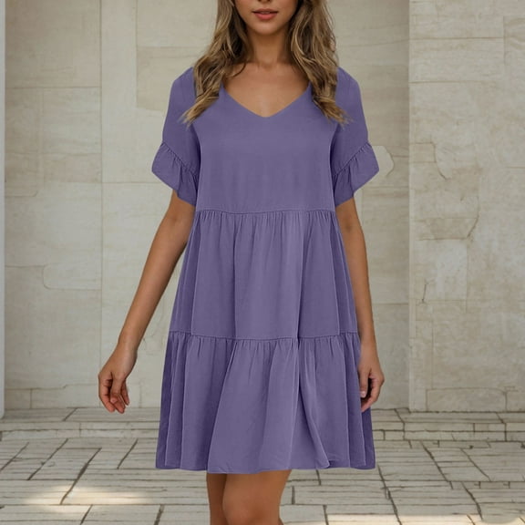 BSDJILFG Mini Dress for Women Summer 2025 Lounge Dress Comfortable Casual Solid Color Ruffle A-Line Flowy Sundress