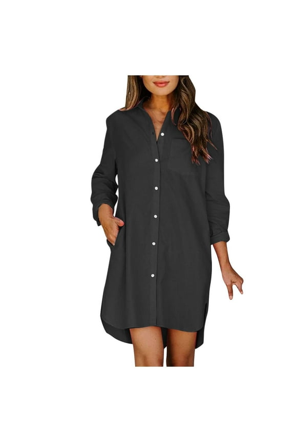 Mini Dresses for Women Long Sleeve Summer Lightweight Shirt Button Down Dress with Pockets Workwear