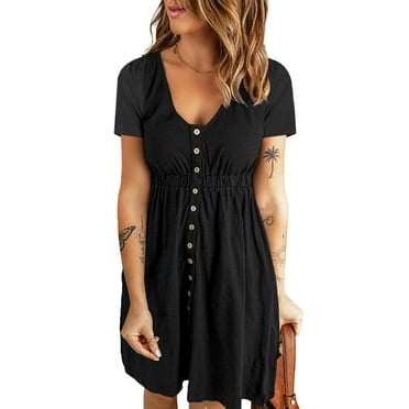 BSDJILFG Mini Dresses for Women Summer Casual Short Sleeve Button Crewneck Solid Color Babydoll Short Dress Clearance S-XXL