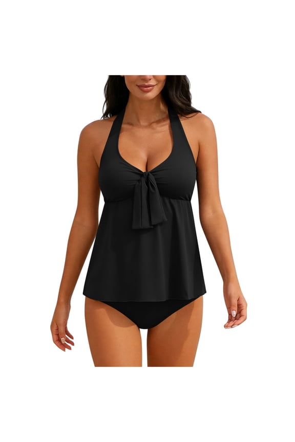 Modest Swimsuits for Women Two Piece Halter V-Neck Bikini Sets Ruffle Bikini Top with Bottom