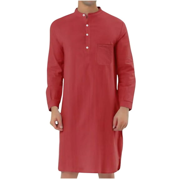 BSDJILFG Muslim Long Robe for Men,Mens Arab Robe Round Neck Button Long Sleeve Solid Saudi Arab Thobe Abayas Islamic Muslim Dubai Robe with Pockets Clearance