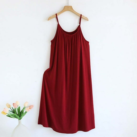 BSDJILFG Nightgowns for Women Soft Cotton Chemises with Built-In-Bra,Summer Casual Spaghetti Strap Ruched O-Neck Comfy Maxi Sleep Dress