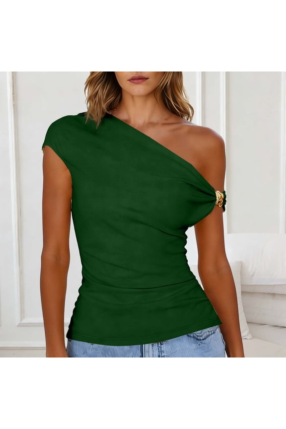 Off Shoulder Going Out Tops for Women,Summer Metallic Y2K Cropped Shirts Cap Sleeve Ruched Asymmetrical Blouses