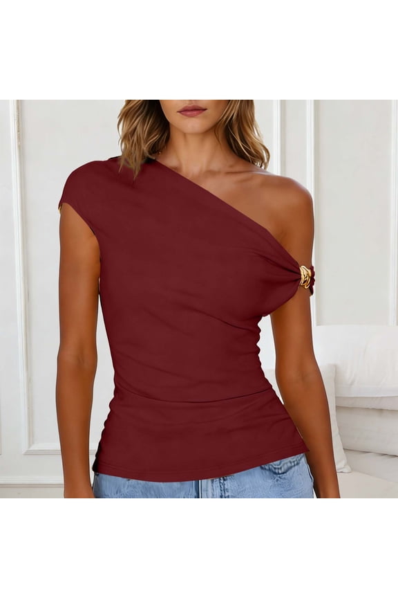Off Shoulder Going Out Tops for Women,Summer Metallic Y2K Cropped Shirts Cap Sleeve Ruched Asymmetrical Blouses