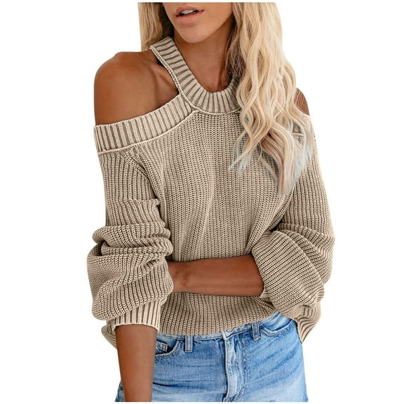 BSDJILFG Off Shoulder Sweaters for Women Trending Halter Neck Knit Shirt Fleece Fuzzy Cropped Sweaters,Heavyweight,S-3XL