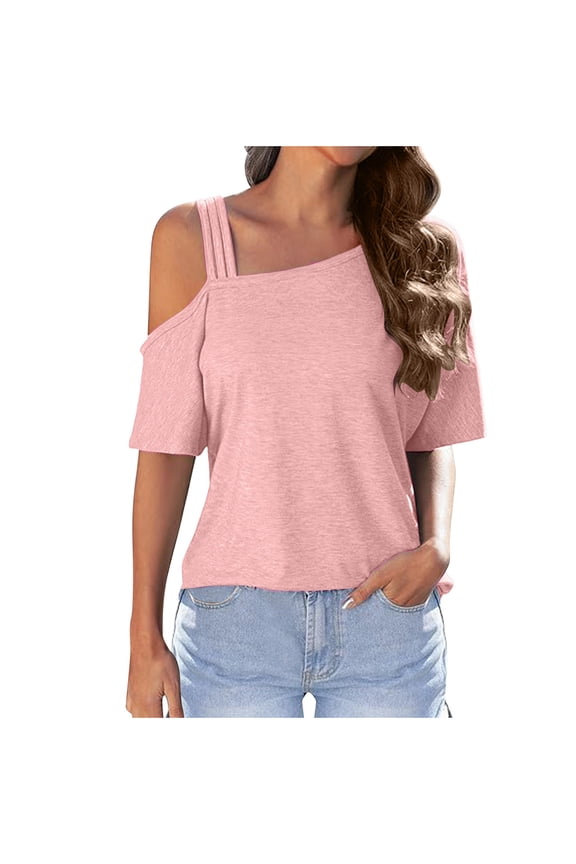 Off The Shoulder Tops for Juniors Y2K Cute Short Sleeve Loose Summer T Shirt Strappy Cold Shoulder Tops