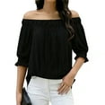 thumbnail image 1 of BSDJILFG Off the Shoulder Tops for Women Dressy Puff Half Sleeves Loose Fit Ruched Tunic Blouse,Black, 1 of 4