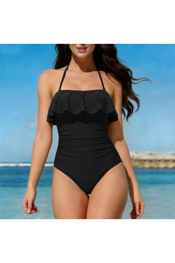 One Piece Swimsuit for Women Cute Juniors Swimwear Halter Neck Ruffled Slimming Holiday Vacation Bathing Suit
