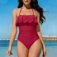 thumbnail image 1 of BSDJILFG One Piece Swimsuit for Women Cute Juniors Swimwear Halter Neck Ruffled Slimming Holiday Vacation Bathing Suit, 1 of 5