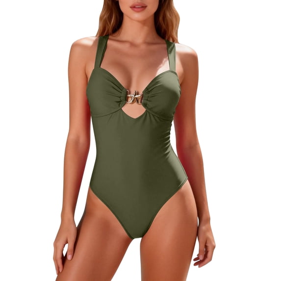 BSDJILFG One-Piece Swimsuit for Women Petite Full Coverage Summer Bathing Suit front Hook Cutout Slimming Spring Suit