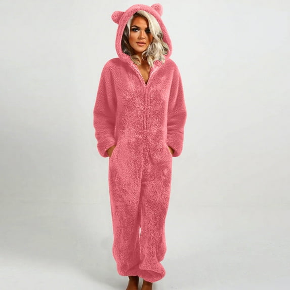 BSDJILFG Onesie Pajamas for Women Plus Size Lounge Rompers Long Hooded Jumpsuit Warm Fleece Thicken Fuzzy Cozy Sleepwear