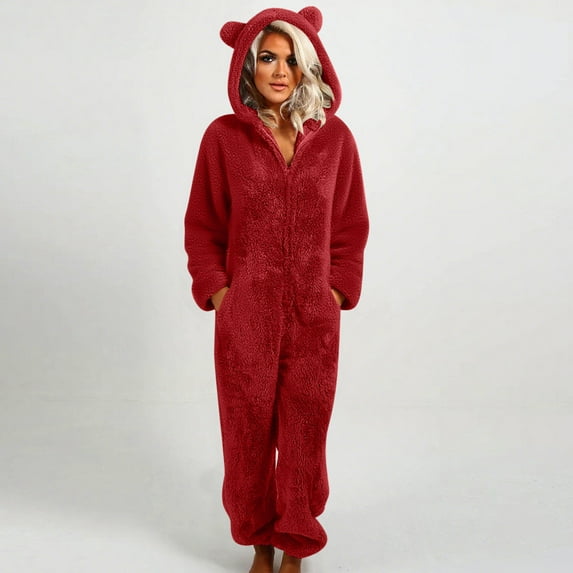 BSDJILFG Onesie Pajamas for Women Plus Size Lounge Rompers Long Hooded Jumpsuit Warm Fleece Thicken Fuzzy Cozy Sleepwear