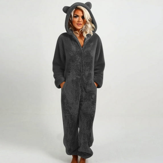 BSDJILFG Onesie Pajamas for Women Plus Size Lounge Rompers Long Hooded Jumpsuit Warm Fleece Thicken Fuzzy Cozy Sleepwear