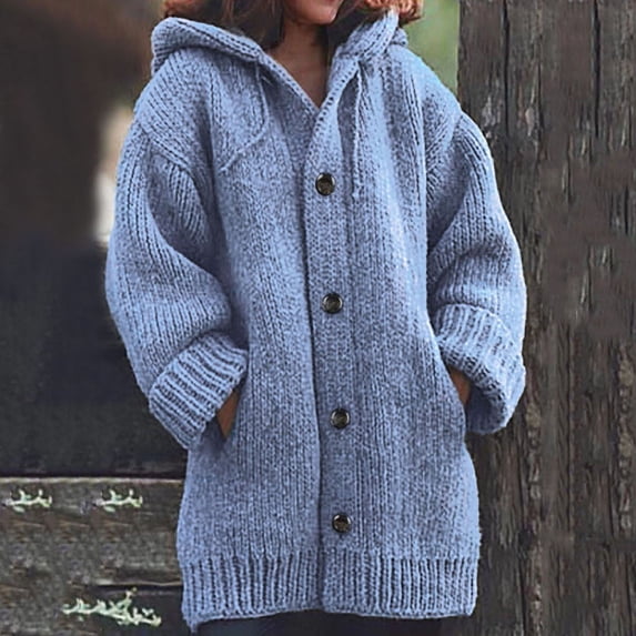 BSDJILFG Oversized Cardigans for Women Button Down Long Sweater Chunky Knit Warm Cozy Loose Fit Hooded Jackets with Pockets,S-3XL
