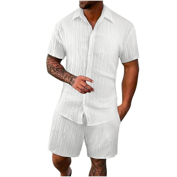 BSDJILFG Pajama Sets for Men Short Sleeve Tops Button Down Summer Lapel Shirt and Elastic Waist Shorts with Drawstring Sleepwear Loungewear