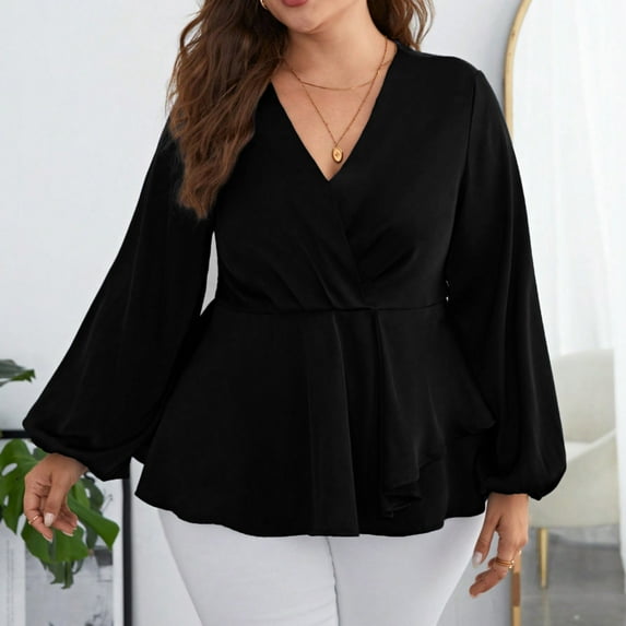 BSDJILFG Pajama Tops for Women Long Sleeve Plus Size Casual Leisure Wear V-Neck Chiffon Ruffle Comfy Cool Loose Fit Solid Color Henley Basic Tee Shirts Loungewear Sleepwear ,S-5XL