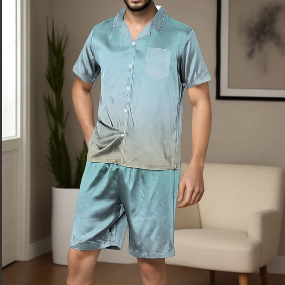 BSDJILFG Pajamas for Father's Day Men's Casual Lounge Sets Short Sleeve Lapel Button Down Blouse Turndown Button Comfy Breathable Soft Satin Silky Tops And Bermuda Shorts Loungewear Sleepwear