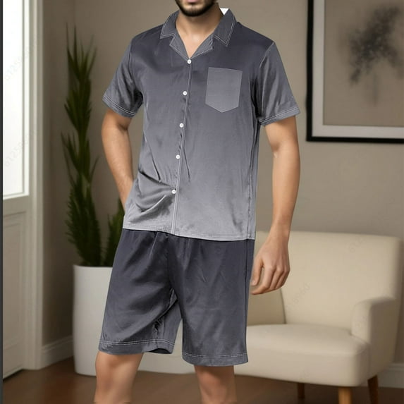 BSDJILFG Pajamas for Men Casual Lounge Sets Short Sleeve Lapel Button Down Blouse Turndown Button Comfy Breathable Soft Satin Silky Tops And Bermuda Shorts Loungewear Sleepwear