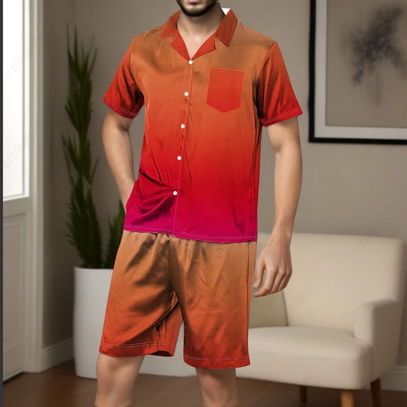 BSDJILFG Pajamas for Men Casual Lounge Sets Short Sleeve Lapel Button Down Blouse Turndown Button Comfy Breathable Soft Satin Silky Tops And Bermuda Shorts Loungewear Sleepwear