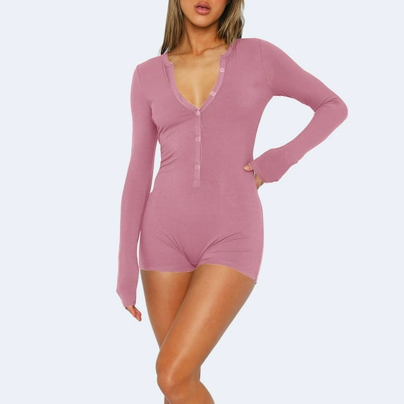 BSDJILFG Pajamas for Women Onesie Ribbed Knitted Long Sleeve U-Neck Bodycon Short Rompers Button-down Stretchy One-Piece Bodysuit Overalls Sleepwear Activewear