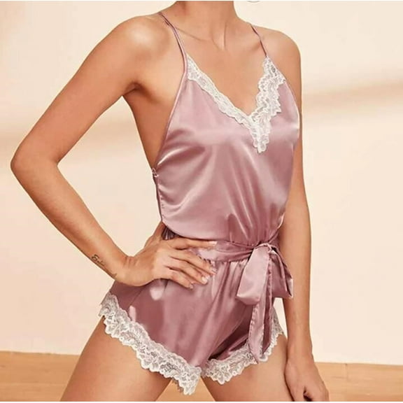 BSDJILFG Pajamas for Women Set Satin Cute Spaghetti Strap Suspender Pajama Tops Silky Lace V Neck Solid Color Bottoms Shorts Two-piece Lounge Sets Sleepwear S-XL