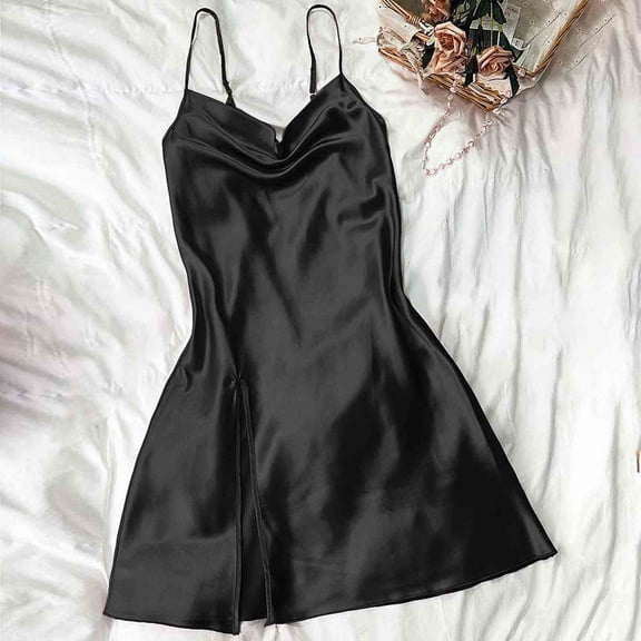 BSDJILFG Pajamas for Women Lounge Sling Dresses Solid Color Silky Spaghetti Strap Tank Dress Tummy-Control Flowy Sleepshirts Summer Fall S-XL