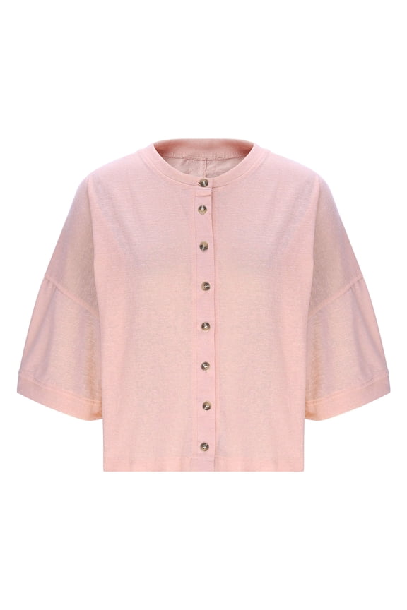 Pink Cropped Sweaters for Women Casual Half Sleeve Button Down Crew Neck Short Cardigans