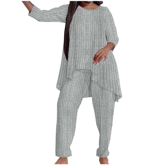 BSDJILFG Pj Sets for Women Plus Size Textured Ribbed Soft Knit Shirts Matching Lounge Pants ,,XL-5XL