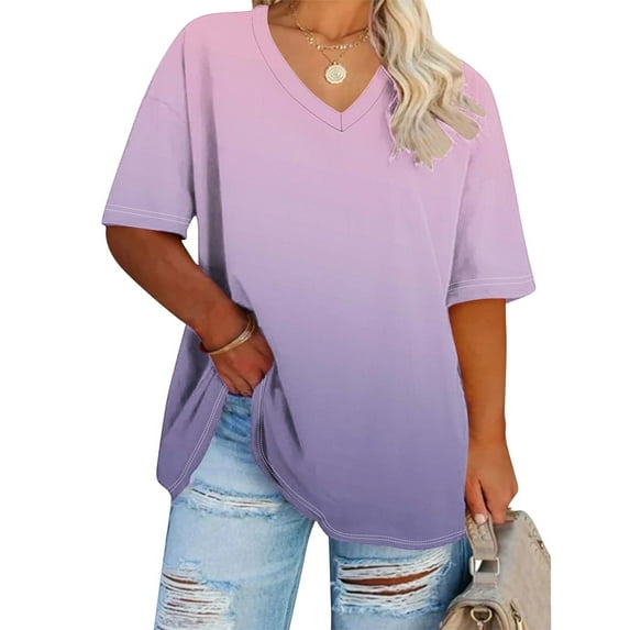 BSDJILFG Plus Size Basic Tees for Women Casual Half Sleeve V Neck T Shirts Bottom Loose Sleep Pajama Lounge Tops XL-5XL