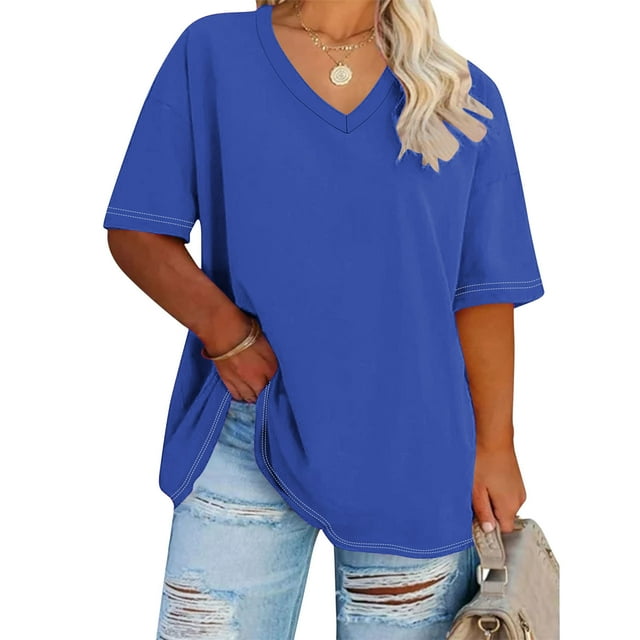 BSDJILFG Plus Size Basic Tees for Women Leisure Elbow Sleeve V Neck T