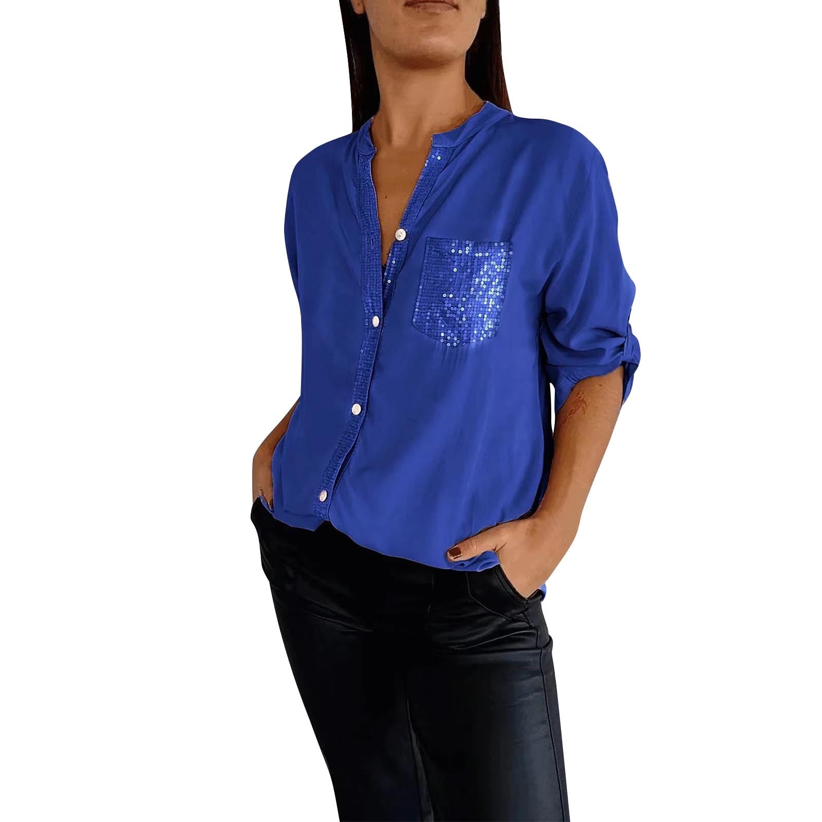 BSDJILFG Plus Size Blouses for Women Button Down Tops Long Sleeve Stand ...