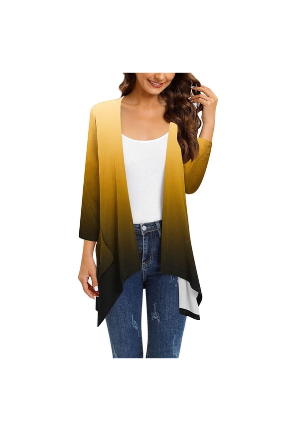 Plus Size Cardigan for Juniors,Summer Lightweight Cardigans Long Sleeve Gradient Color Open Front Ruffle Flowy Shirts for Beach Vacation ,Sizes S-5XL