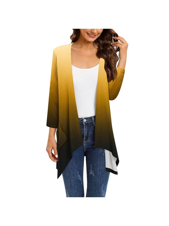Plus Size Cardigan for Juniors,Summer Lightweight Cardigans Long Sleeve Gradient Color Open Front Ruffle Flowy Shirts for Beach Vacation ,Sizes S-5XL