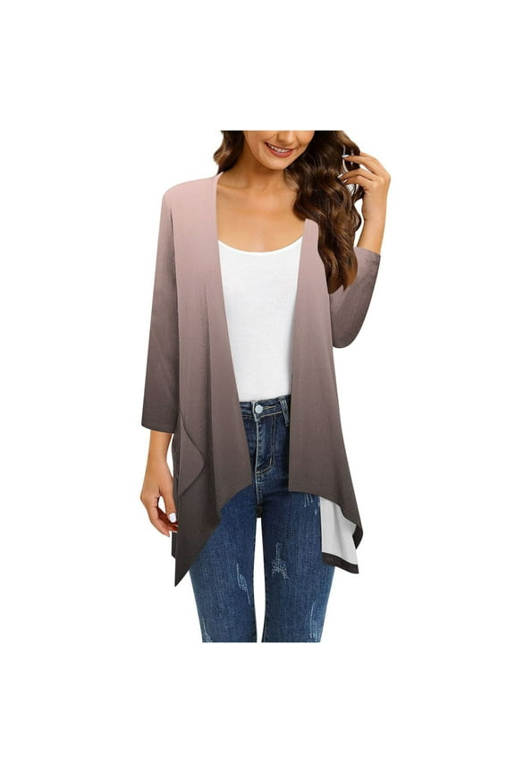 Plus Size Cardigan for Juniors,Summer Lightweight Cardigans Long Sleeve Gradient Color Open Front Ruffle Flowy Shirts for Beach Vacation ,Sizes S-5XL