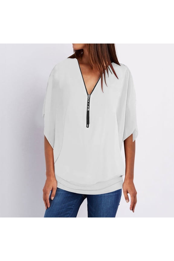 Plus Size ChiffTops for Women Soft Comfortable Casual Short Sleeve Half Zipper Ruffle Flowy Pullover Work Blouse,S-5XL