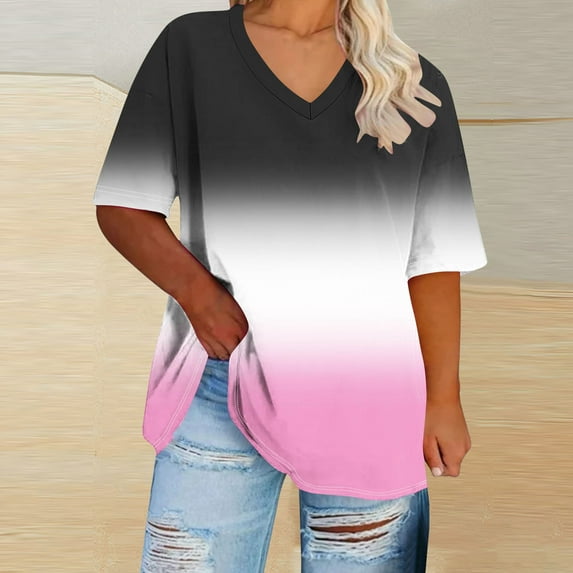 BSDJILFG Plus Size Women Pajama Tops Casual Color Blocked Half Sleeve Loose Fit V-Neck Pullover Blouse ,XL-5XL