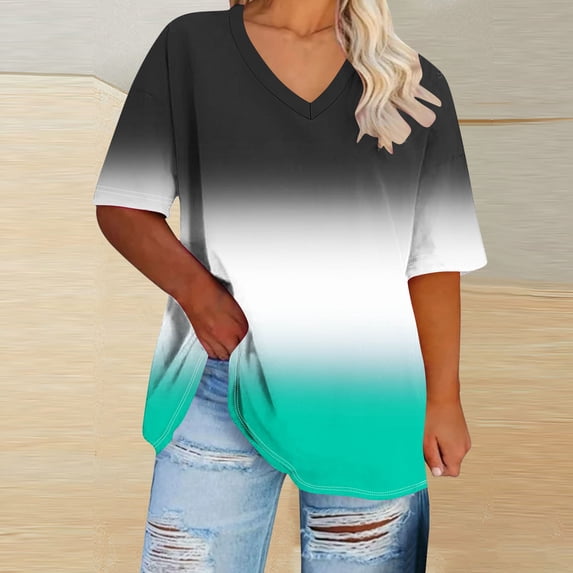 BSDJILFG Plus Size Women Pajama Tops Casual Color Blocked Half Sleeve Loose Fit V-Neck Pullover Blouse ,XL-5XL