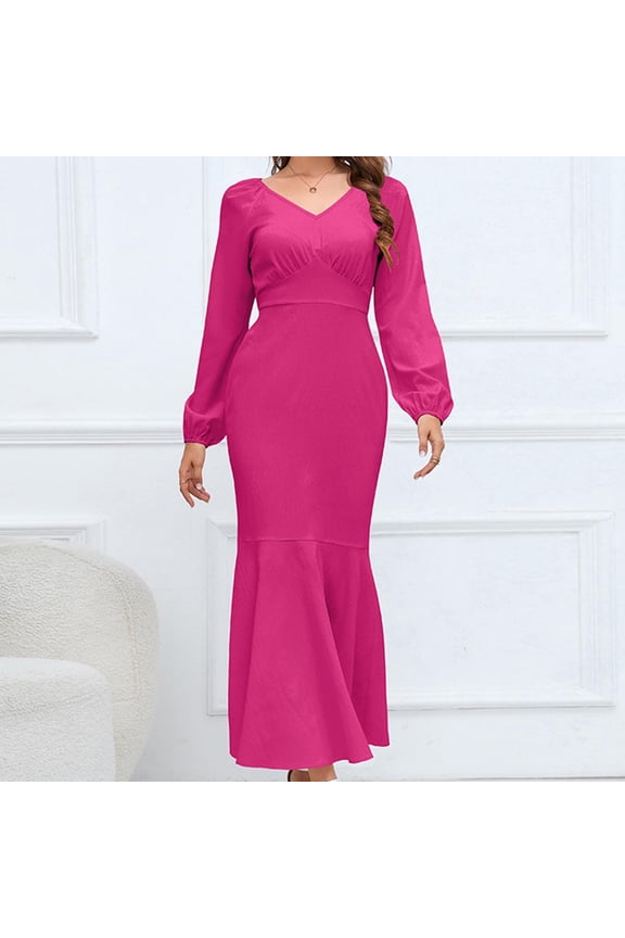Plus Size Dresses , Womens Elegant Sexy V Neck Long Sleeve Flare Mermaid Fishtail Dress Rollbacks