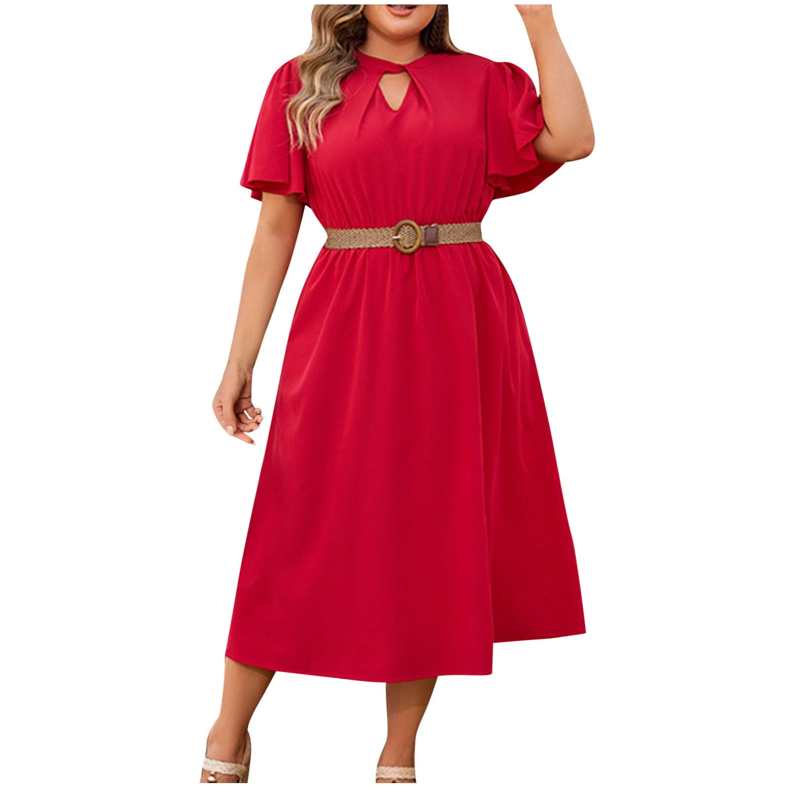 BSDJILFG Plus Size Dresses for Wedding Guest Red Chiffon Dress Soft Comfy  Burgundy Short Sleeve High Waist Belted Midi Dresses for Party Christmas  ,Sizes XL-4XL - Walmart.com