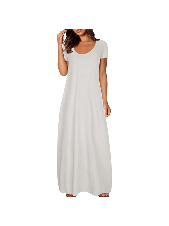 Plus Size Dresses for Women Casual Summer 2024 New Trendy Flowy Long Loose Dress Round Neck Short Sleeve Maxi Dress with Pockets Sleepwear Nightgown Nightdress on S-5XL